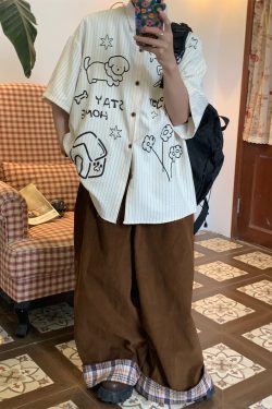 Striped Short Sleeve Shirt with Dog Print for Couples - Summer Loose Fit Versatile Top - Trendy Vintage Style