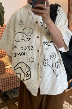 Striped Short Sleeve Shirt with Dog Print for Couples - Summer Loose Fit Versatile Top - Trendy Vintage Style