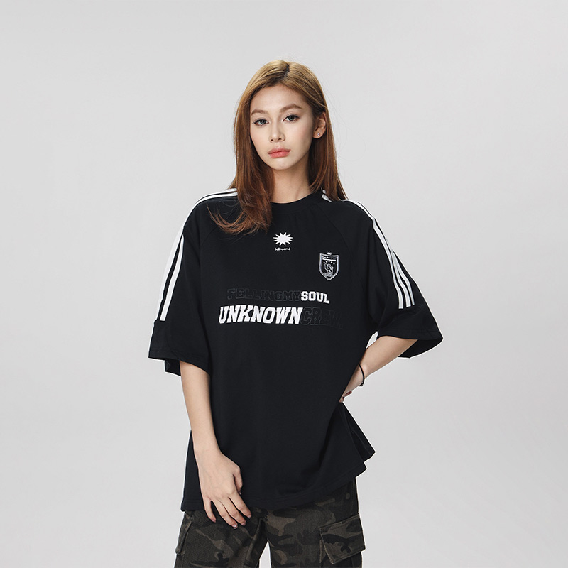 Striped Short Sleeve T-Shirt for Women - Casual American Sports Style, Loose Fit Summer Top for Couples Striped Short Sleeve T-Shirt for Women - Casual American Sports Style, Loose Fit Summer Top for Couples