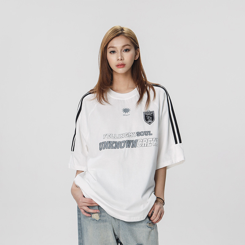 Striped Short Sleeve T-Shirt for Women - Casual American Sports Style, Loose Fit Summer Top for Couples Striped Short Sleeve T-Shirt for Women - Casual American Sports Style, Loose Fit Summer Top for Couples