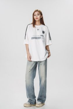 Striped Short Sleeve T-Shirt for Women - Casual American Sports Style, Loose Fit Summer Top for Couples