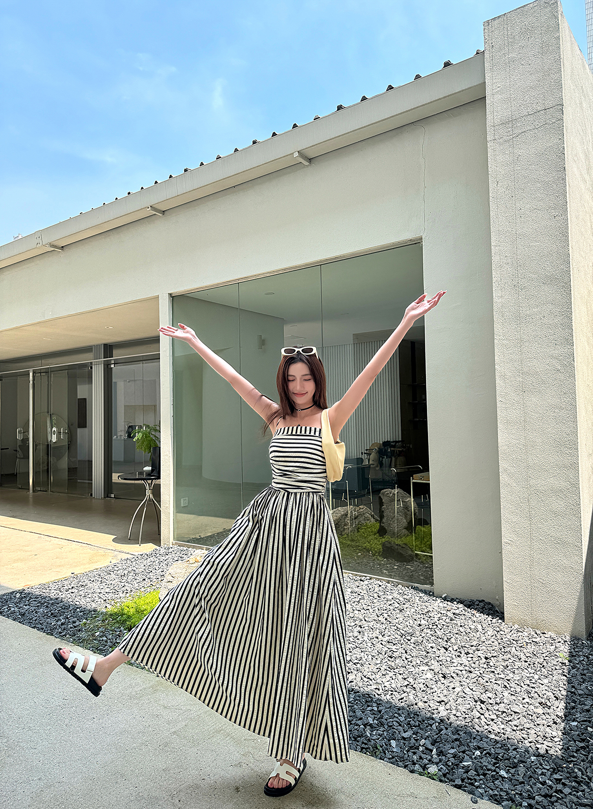 Striped Strapless Off-Shoulder Vacation Dress - Lightweight A-Line Long Dress with Black and White Vertical Stripes, Summer Style Striped Strapless Off-Shoulder Vacation Dress - Lightweight A-Line Long Dress with Black and White Vertical Stripes, Summer Style