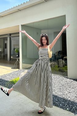 Striped Strapless Off-Shoulder Vacation Dress - Lightweight A-Line Long Dress with Black and White Vertical Stripes, Summer Style