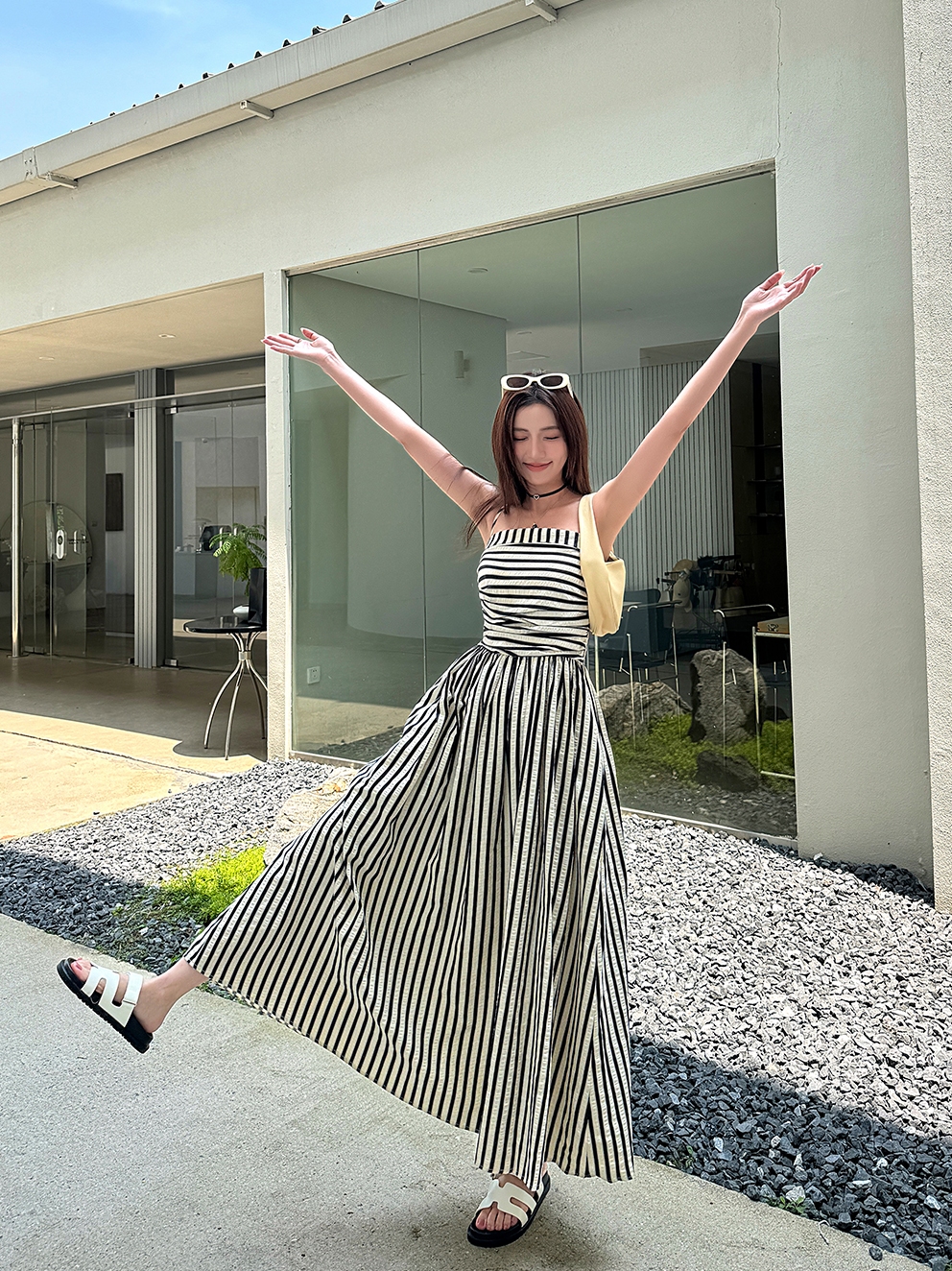 Striped Strapless Off-Shoulder Vacation Dress - Lightweight A-Line Long Dress with Black and White Vertical Stripes, Summer Style Striped Strapless Off-Shoulder Vacation Dress - Lightweight A-Line Long Dress with Black and White Vertical Stripes, Summer Style