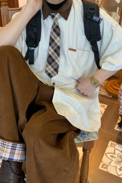 Striped Tie Casual Short Sleeve Shirt for Men and Women, Japanese Style Loose Versatile Top, Trendy Vintage-Inspired Fashion