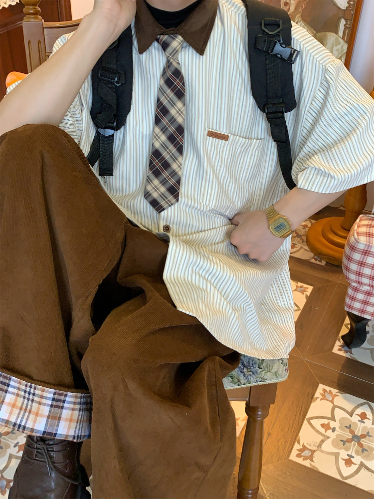 Striped Tie Casual Short Sleeve Shirt for Men and Women, Japanese Style Loose Versatile Top, Trendy Vintage-Inspired Fashion Striped Tie Casual Short Sleeve Shirt for Men and Women, Japanese Style Loose Versatile Top, Trendy Vintage-Inspired Fashion