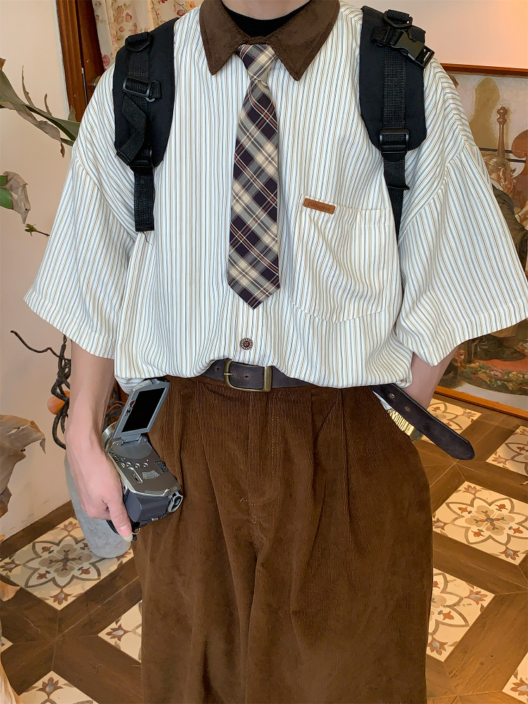 Striped Tie Casual Short Sleeve Shirt for Men and Women, Japanese Style Loose Versatile Top, Trendy Vintage-Inspired Fashion Striped Tie Casual Short Sleeve Shirt for Men and Women, Japanese Style Loose Versatile Top, Trendy Vintage-Inspired Fashion