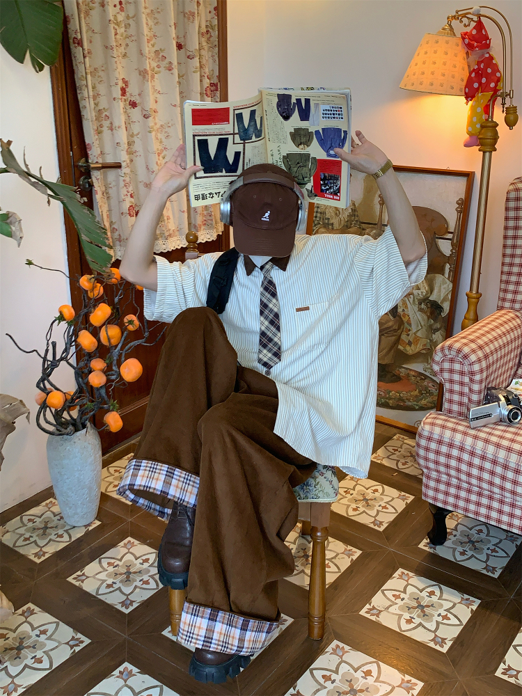 Striped Tie Casual Short Sleeve Shirt for Men and Women, Japanese Style Loose Versatile Top, Trendy Vintage-Inspired Fashion Striped Tie Casual Short Sleeve Shirt for Men and Women, Japanese Style Loose Versatile Top, Trendy Vintage-Inspired Fashion