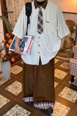 Striped Tie Casual Short Sleeve Shirt for Men and Women, Japanese Style Loose Versatile Top, Trendy Vintage-Inspired Fashion