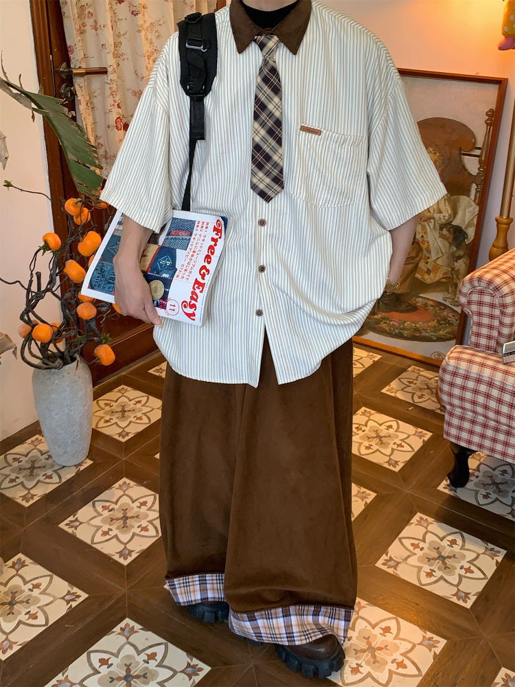 Striped Tie Casual Short Sleeve Shirt for Men and Women, Japanese Style Loose Versatile Top, Trendy Vintage-Inspired Fashion Striped Tie Casual Short Sleeve Shirt for Men and Women, Japanese Style Loose Versatile Top, Trendy Vintage-Inspired Fashion