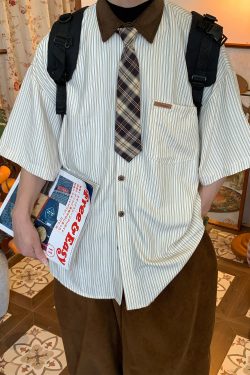 Striped Tie Casual Short Sleeve Shirt for Men and Women, Japanese Style Loose Versatile Top, Trendy Vintage-Inspired Fashion