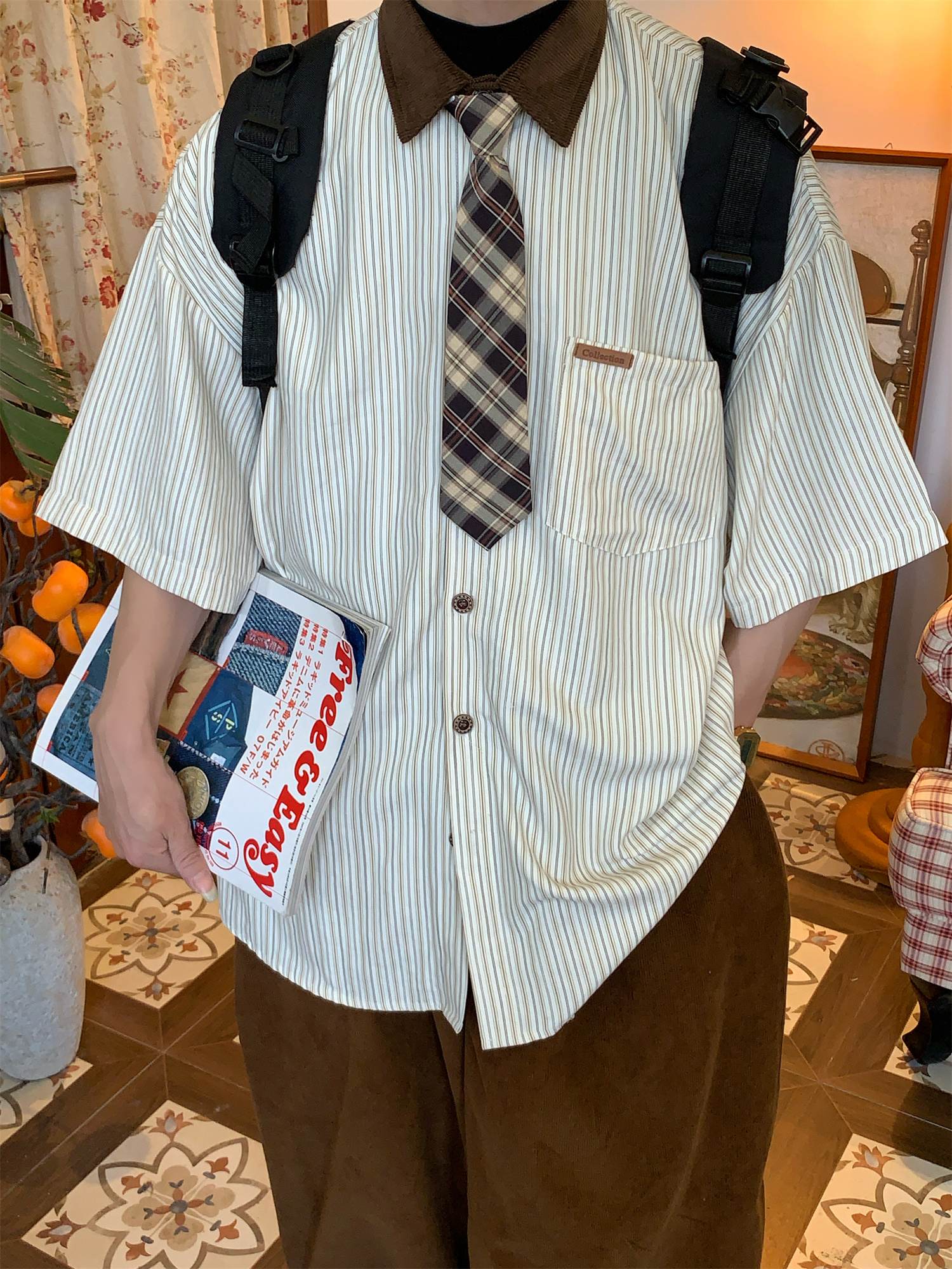 Striped Tie Casual Short Sleeve Shirt for Men and Women, Japanese Style Loose Versatile Top, Trendy Vintage-Inspired Fashion Striped Tie Casual Short Sleeve Shirt for Men and Women, Japanese Style Loose Versatile Top, Trendy Vintage-Inspired Fashion