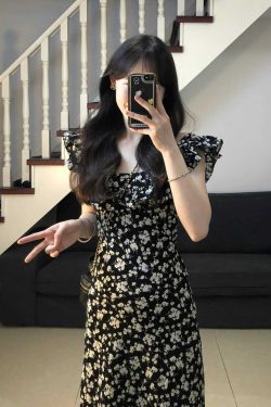 Stunning Black Floral Midi Dress with Cap Sleeves - 2025 Summer Date Night French Tea-Length Style