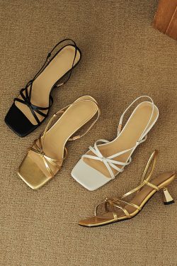 Stylish French Square-Toe Open-Toe Thin Strap Roman-Style Stiletto High-Heeled Sandals for Summer