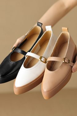 Stylish Women's Genuine Leather Pointed Toe One-Strap Mary Jane Shoes - Thick-Soled Platform Loafers for Trendy Looks