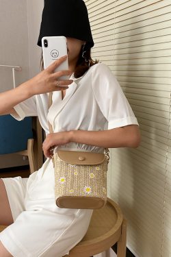 Stylish Woven Straw Crossbody Bag for Women - Japanese & Korean Style Fairy Bucket Bag for Summer 2025
