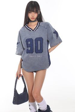 Summer 2025 American Vintage Denim Loose T-Shirt with Letter Embroidery for Women - Trendy Street Style Fashion