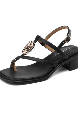 Summer 2025 Genuine Leather Mid-Heel Chunky Roman Sandals for Women - Apricot Square-Toe Thong Style