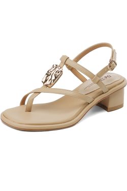 Summer 2025 Genuine Leather Mid-Heel Chunky Roman Sandals for Women - Apricot Square-Toe Thong Style