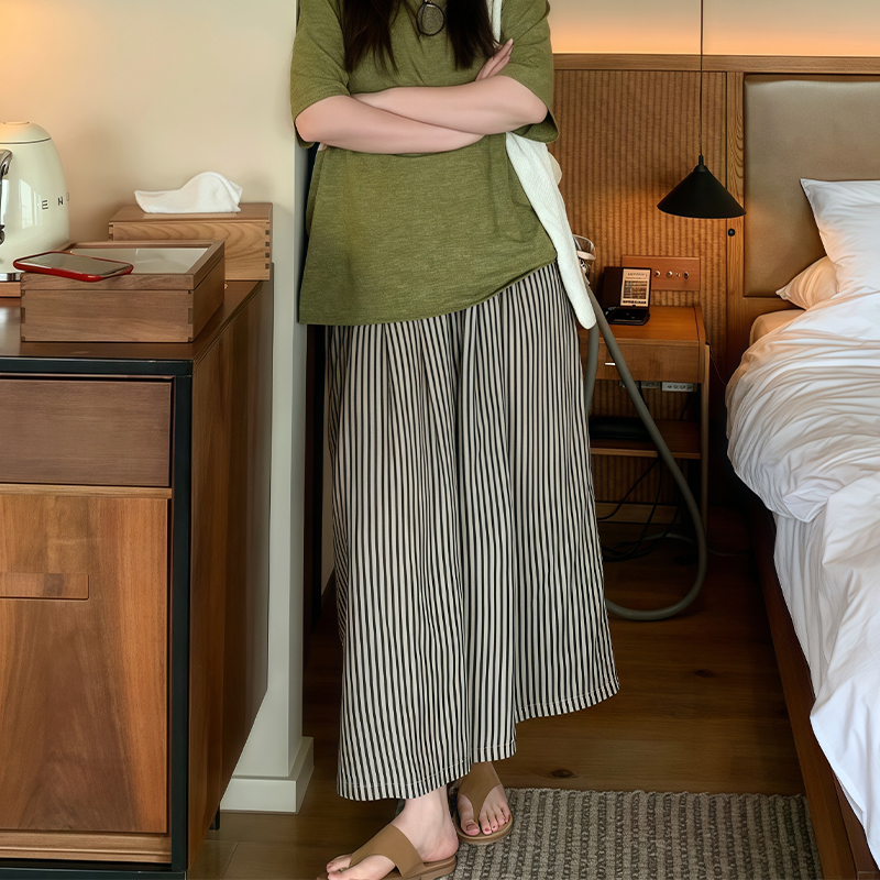 Summer 2025 Striped Wide-Leg Pants for Women - Thin, Loose, Casual Nine-Point Plus Size Trousers Summer 2025 Striped Wide-Leg Pants for Women - Thin, Loose, Casual Nine-Point Plus Size Trousers