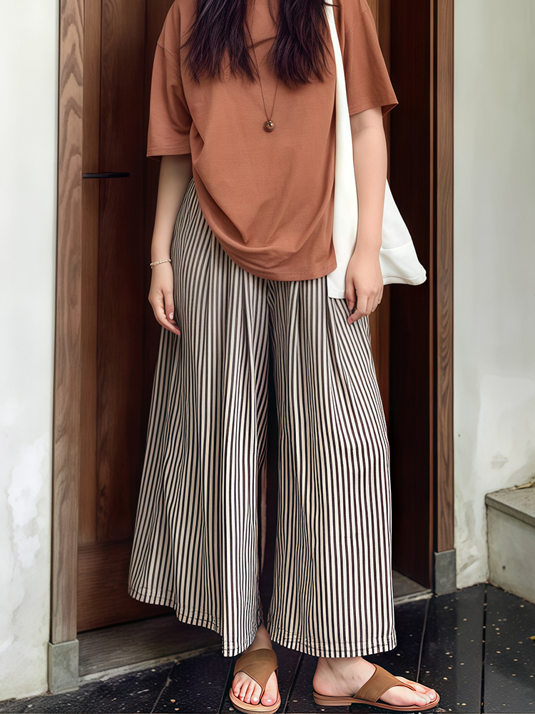 Summer 2025 Striped Wide-Leg Pants for Women - Thin, Loose, Casual Nine-Point Plus Size Trousers Summer 2025 Striped Wide-Leg Pants for Women - Thin, Loose, Casual Nine-Point Plus Size Trousers