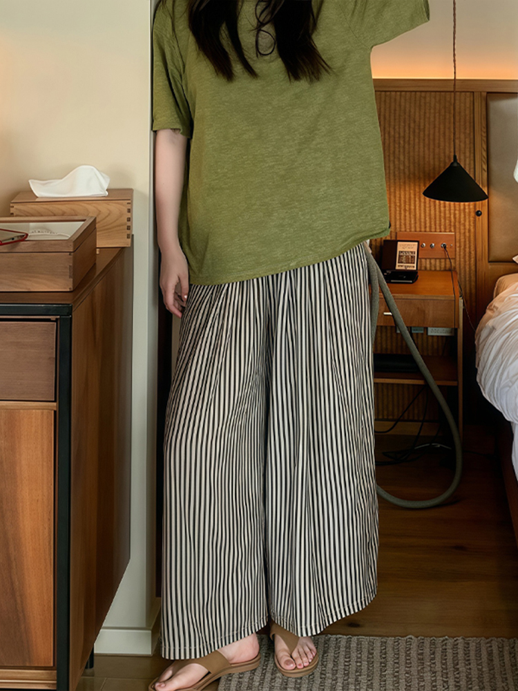 Summer 2025 Striped Wide-Leg Pants for Women - Thin, Loose, Casual Nine-Point Plus Size Trousers Summer 2025 Striped Wide-Leg Pants for Women - Thin, Loose, Casual Nine-Point Plus Size Trousers