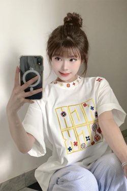 Summer 2025 Women's American Hip-Hop Style Embroidered Short Sleeve T-Shirt - Trendy Couple Streetwear Top