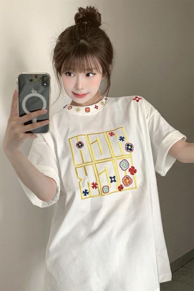 Summer 2025 Women's American Hip-Hop Style Embroidered Short Sleeve T-Shirt - Trendy Couple Streetwear Top