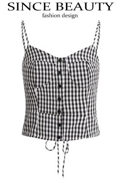Summer 2025 Women's Black and White Checkered Short Top - French Vacation Style, Trendy and Chic Fashion