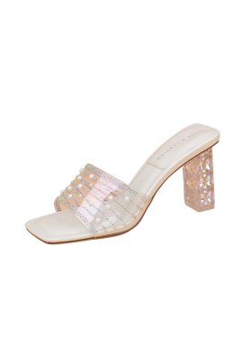 Summer 2025 Women's Chunky Heel Slippers with Rhinestones, Transparent Elegant High Heels, Versatile Slide Sandals