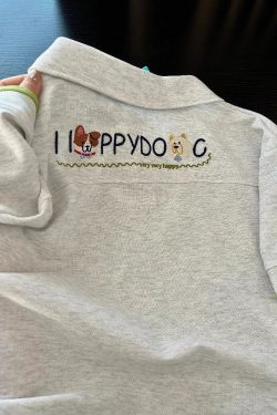 Summer 2025 Women’s Color-Blocking Polo Collar Short Sleeve T-Shirt with Embroidered Puppy - Cute Cartoon Shoulder-Reducing Style