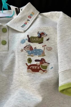 Summer 2025 Women’s Color-Blocking Polo Collar Short Sleeve T-Shirt with Embroidered Puppy - Cute Cartoon Shoulder-Reducing Style