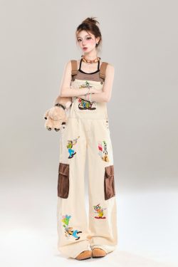 Summer 2025 Women's Embroidered Cartoon Jumpsuit - Loose Casual Overalls in Trendy American Style