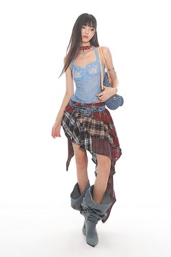 Summer 2025 Women’s Patchwork Plaid Irregular Multi-Layer Cake Skirt - Hot Girl American Style Fashion