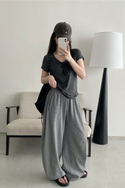 Summer 3D Segmented Deconstructed Wide-Leg Striped Sports Pants with Drawstring - Loose Fit Casual Trousers for Women