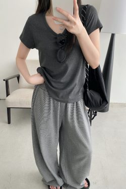 Summer 3D Segmented Deconstructed Wide-Leg Striped Sports Pants with Drawstring - Loose Fit Casual Trousers for Women