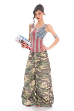 Summer American-Style Camouflage Wide-Leg Pants for Women - Loose Fit, Floor-Length Casual Workwear