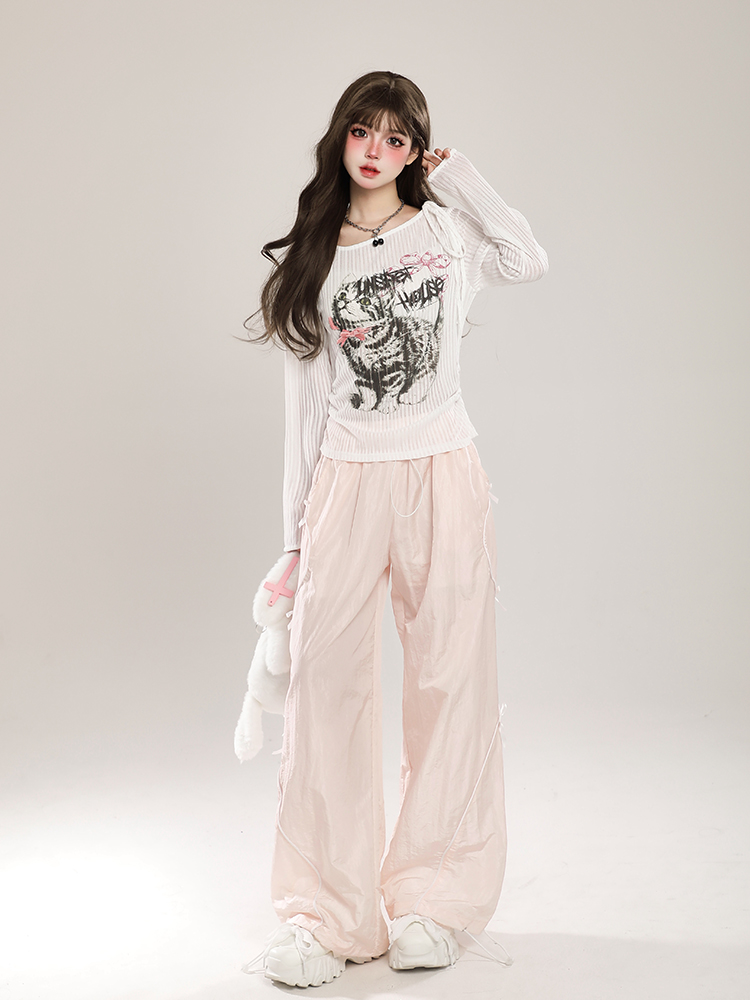 Summer American-Style Quick-Dry Wide-Leg Pants for Women, Bow Accent Loose Straight-Leg Casual Trousers Summer American-Style Quick-Dry Wide-Leg Pants for Women, Bow Accent Loose Straight-Leg Casual Trousers