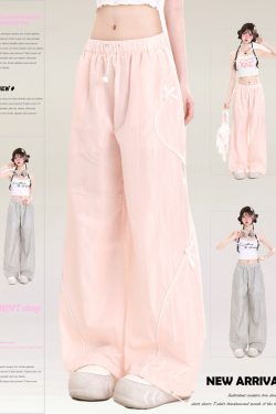 Summer American-Style Quick-Dry Wide-Leg Pants for Women, Bow Accent Loose Straight-Leg Casual Trousers