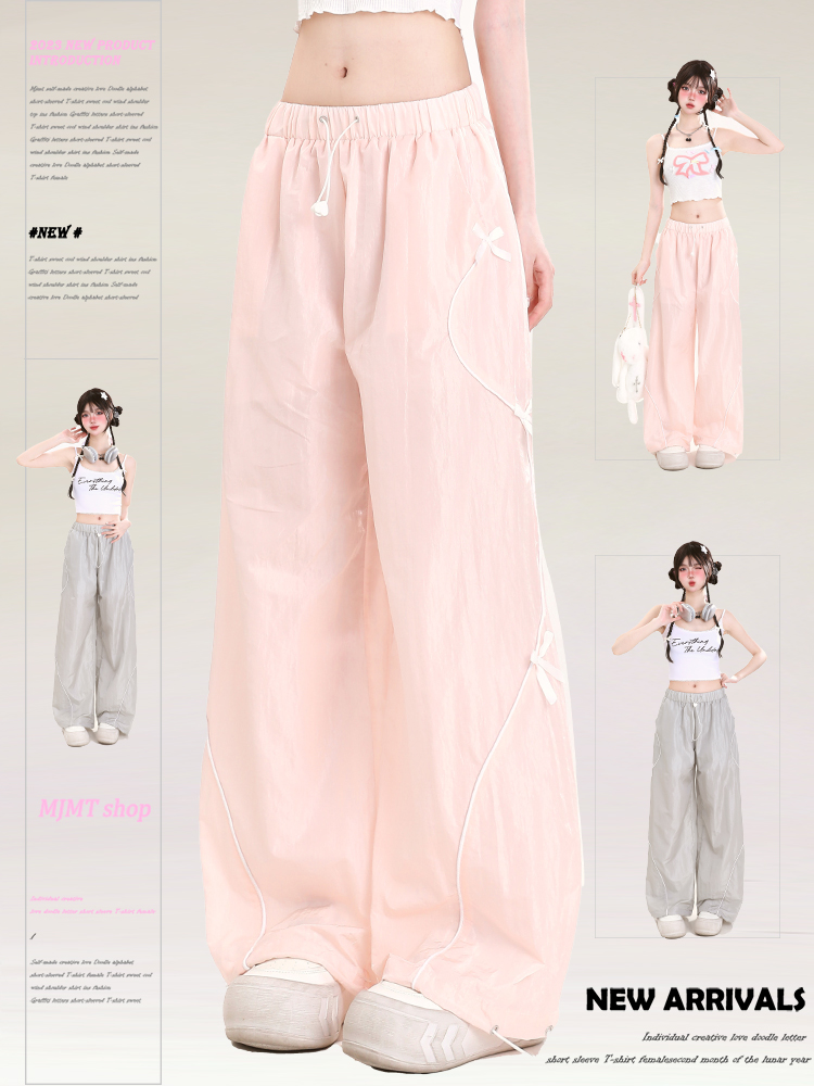 Summer American-Style Quick-Dry Wide-Leg Pants for Women, Bow Accent Loose Straight-Leg Casual Trousers Summer American-Style Quick-Dry Wide-Leg Pants for Women, Bow Accent Loose Straight-Leg Casual Trousers