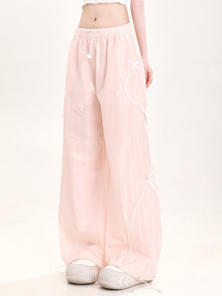 Summer American-Style Quick-Dry Wide-Leg Pants for Women, Bow Accent Loose Straight-Leg Casual Trousers Summer American-Style Quick-Dry Wide-Leg Pants for Women, Bow Accent Loose Straight-Leg Casual Trousers