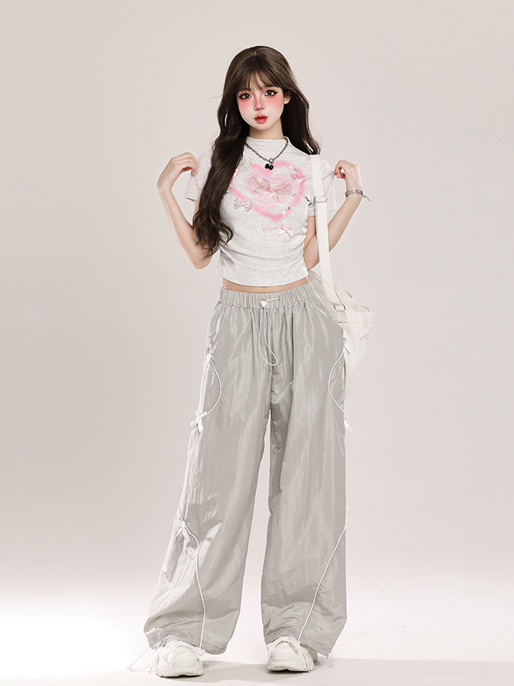 Summer American-Style Quick-Dry Wide-Leg Pants for Women, Bow Accent Loose Straight-Leg Casual Trousers Summer American-Style Quick-Dry Wide-Leg Pants for Women, Bow Accent Loose Straight-Leg Casual Trousers