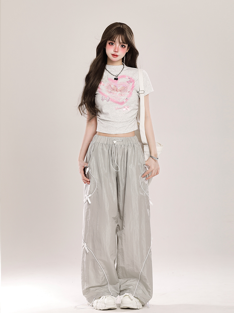 Summer American-Style Quick-Dry Wide-Leg Pants for Women, Bow Accent Loose Straight-Leg Casual Trousers Summer American-Style Quick-Dry Wide-Leg Pants for Women, Bow Accent Loose Straight-Leg Casual Trousers