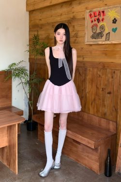 Summer Black and Pink Color-Block Sleeveless Knitted Dress with Sweet Patchwork Puff Skirt - Trendy Y2K Style