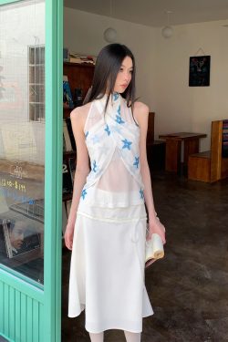 Summer Blue Star Flower Halter Lightweight Sleeveless Tank Top - Trendy Floral Design for Casual Y2K Style