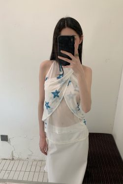 Summer Blue Star Flower Halter Lightweight Sleeveless Tank Top - Trendy Floral Design for Casual Y2K Style