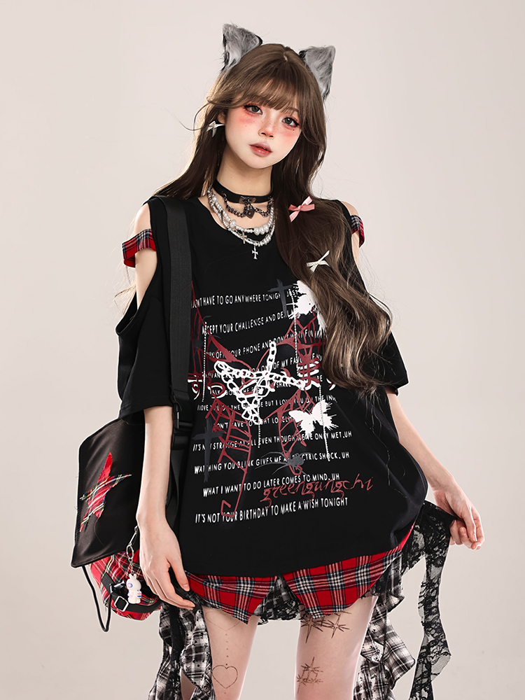 Summer Butterfly Print Short Sleeve T-Shirt for Women, American Style Loose Off-Shoulder Top, Cool Subculture Fashion Summer Butterfly Print Short Sleeve T-Shirt for Women, American Style Loose Off-Shoulder Top, Cool Subculture Fashion