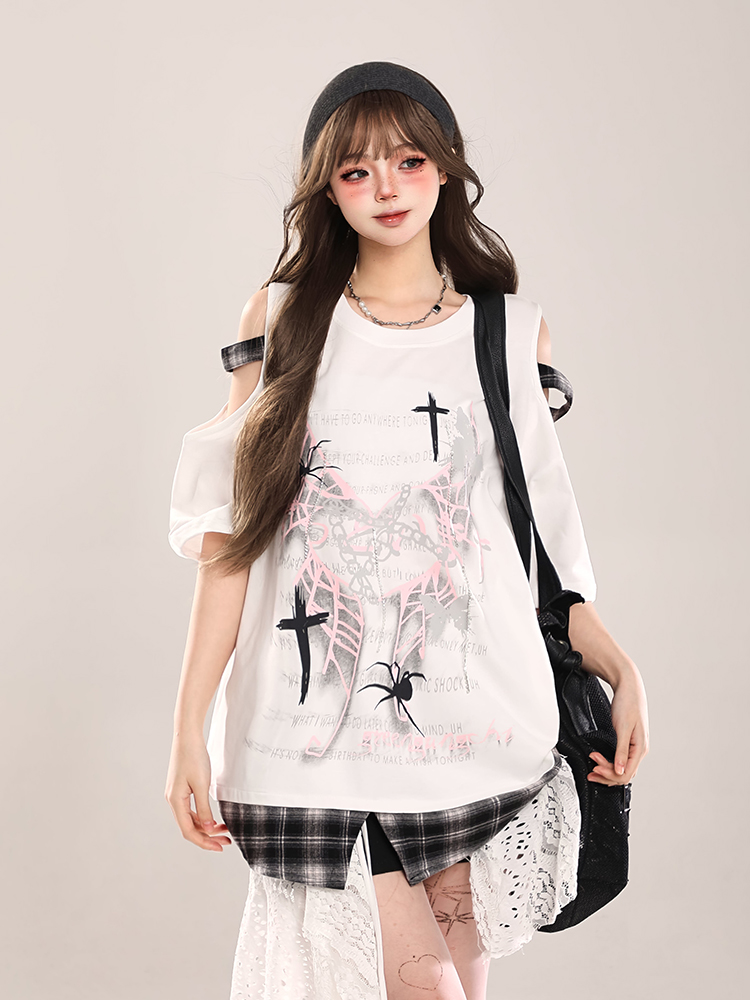 Summer Butterfly Print Short Sleeve T-Shirt for Women, American Style Loose Off-Shoulder Top, Cool Subculture Fashion Summer Butterfly Print Short Sleeve T-Shirt for Women, American Style Loose Off-Shoulder Top, Cool Subculture Fashion