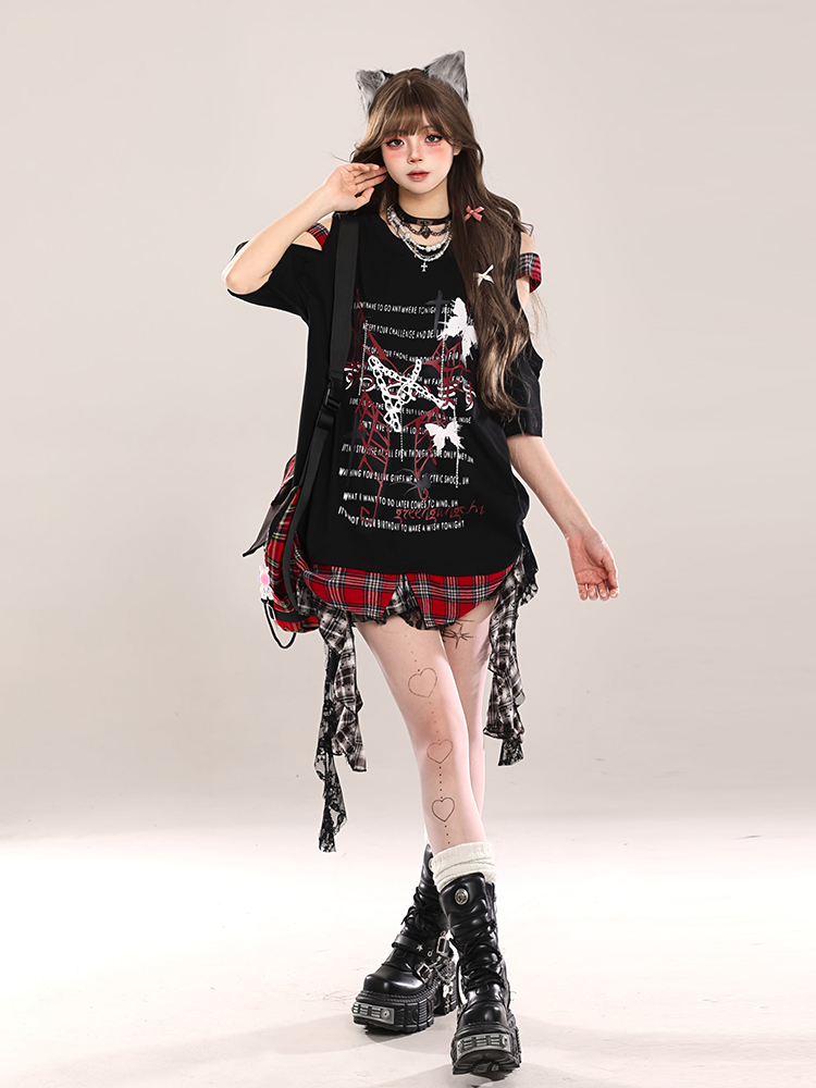 Summer Butterfly Print Short Sleeve T-Shirt for Women, American Style Loose Off-Shoulder Top, Cool Subculture Fashion Summer Butterfly Print Short Sleeve T-Shirt for Women, American Style Loose Off-Shoulder Top, Cool Subculture Fashion