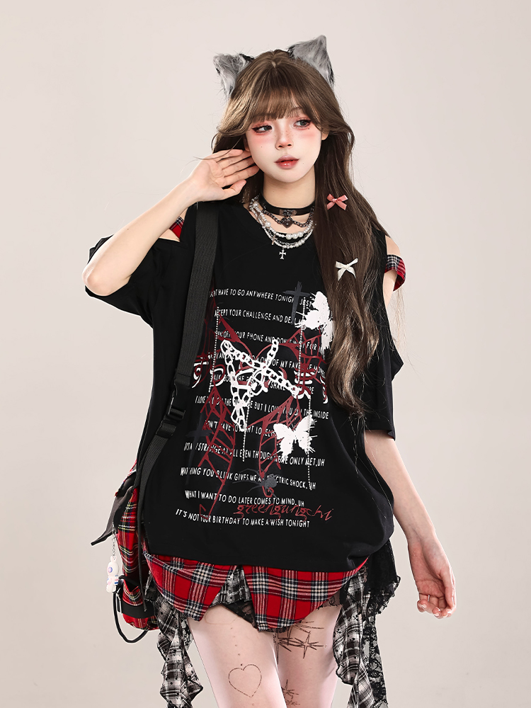 Summer Butterfly Print Short Sleeve T-Shirt for Women, American Style Loose Off-Shoulder Top, Cool Subculture Fashion Summer Butterfly Print Short Sleeve T-Shirt for Women, American Style Loose Off-Shoulder Top, Cool Subculture Fashion
